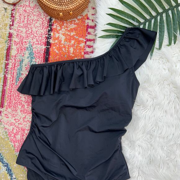 $139 Boden Black Padded Ruffle One Shoulder One Piece Swimsuit 14 Minimalist - Picture 3 of 5